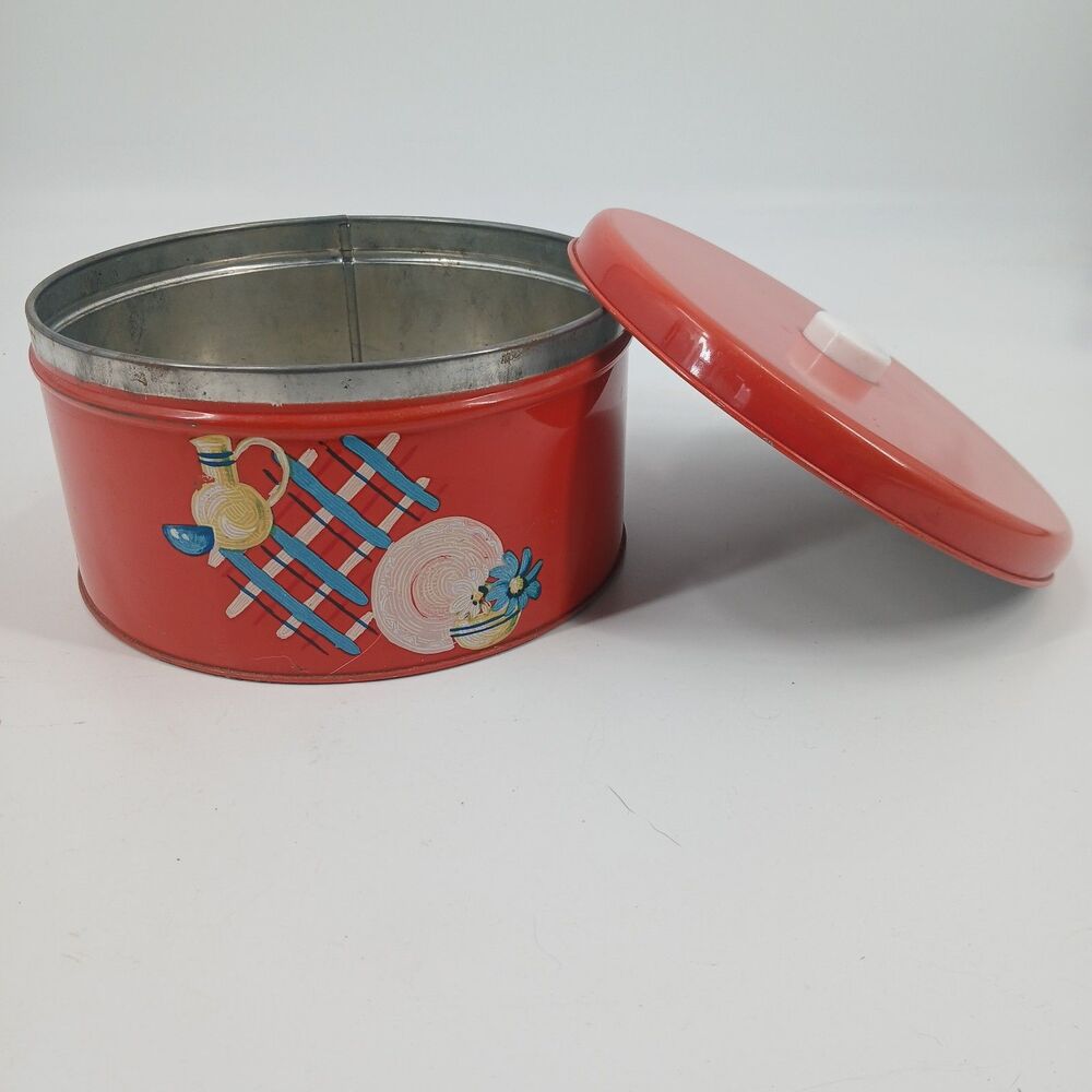 Vintage Red Metal Round Cookie Tin Sewing Supplies Storage Box